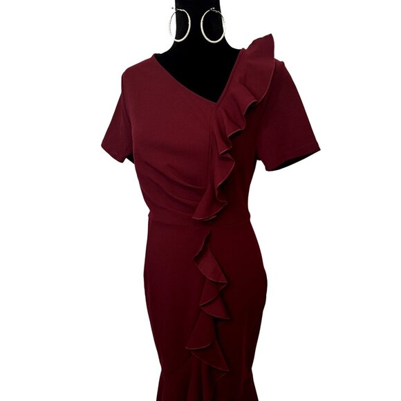 Aisize Ruffle Drapped 50s Vintage Style Dress Size Medium Burgundy Wine Party - Picture 2 of 9